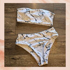 White & Black Marble Two-Piece High-Cut Bikini Swimsuit